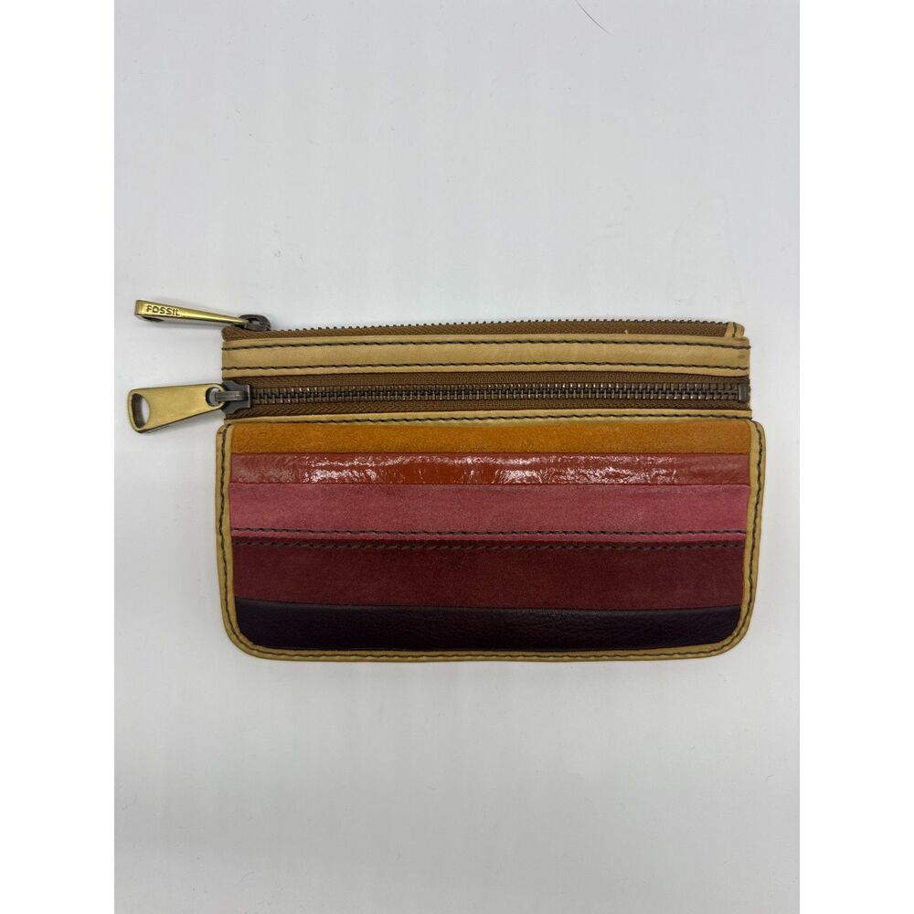 Fossil Multi-Color Striped Leather and Suede Card Case Coin Wallet Leather